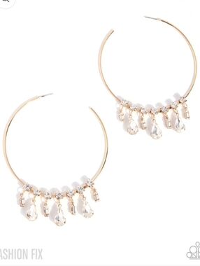 Over The Top Bling Paparazzi Gold Hoop Earrings with Clear Teardrop Crystals